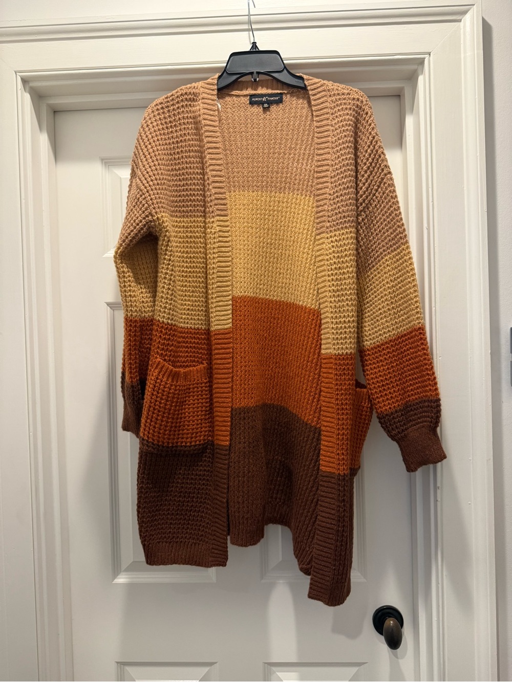 Almost Famous Colorblock Open-Front Cardigan in Brown, Orange, Cream
